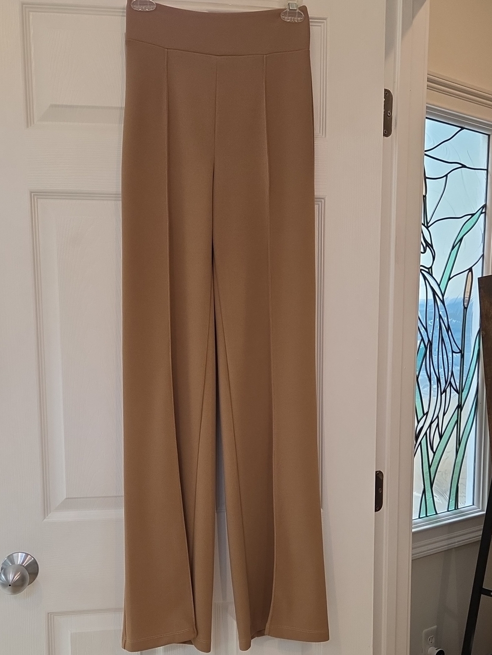 Camel Wide-Leg High-Waist Pants by Valentine.Have Stretch,High Waist,Rear Zip